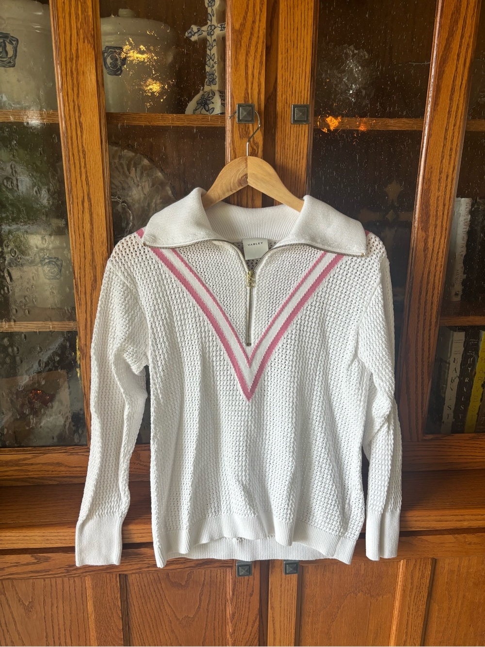 Varley White Zip-Front Knit Sweater with Pink Stripe